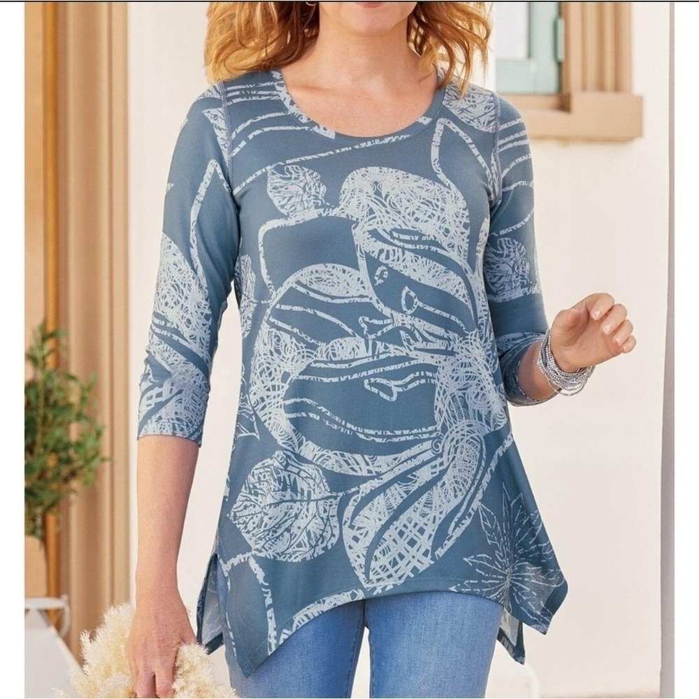 Soft Surroundings Womens Valerie Floral Sharkbite 3/4 Sleeve Tunic Blue Fleur L